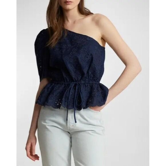 New Polo Ralph Lauren One-shoulder Eyelet Linen top in Navy Size 10 - Picture 10 of 13